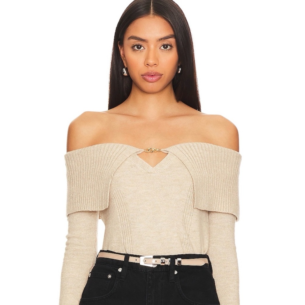 Zella Sweater Taupe | Revolve | ASTR The Label | Off-Shoulder Beige Sweater